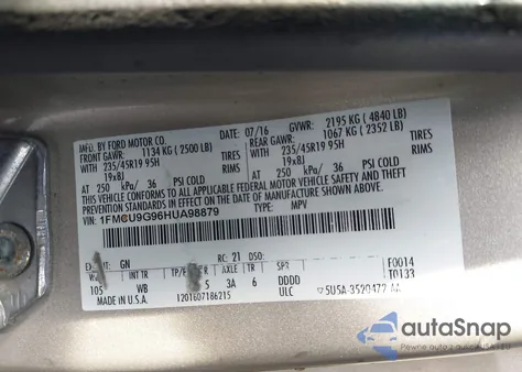 2017 Ford Escape Se z USA, uszkodzony, nr VIN 1FMCU9G96HUA98879